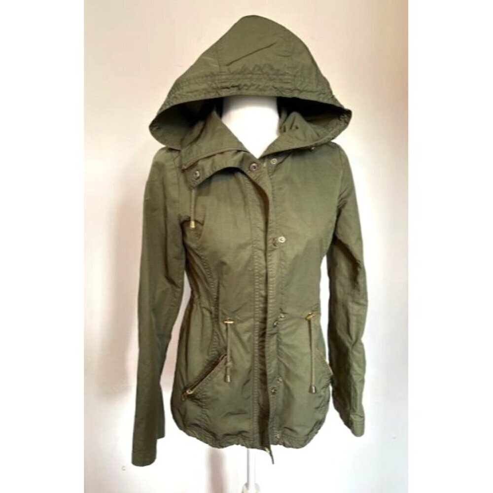 Guess Womens Olive Hooded Utility Jacket With Drawstring Waist & Zip Pockets XS